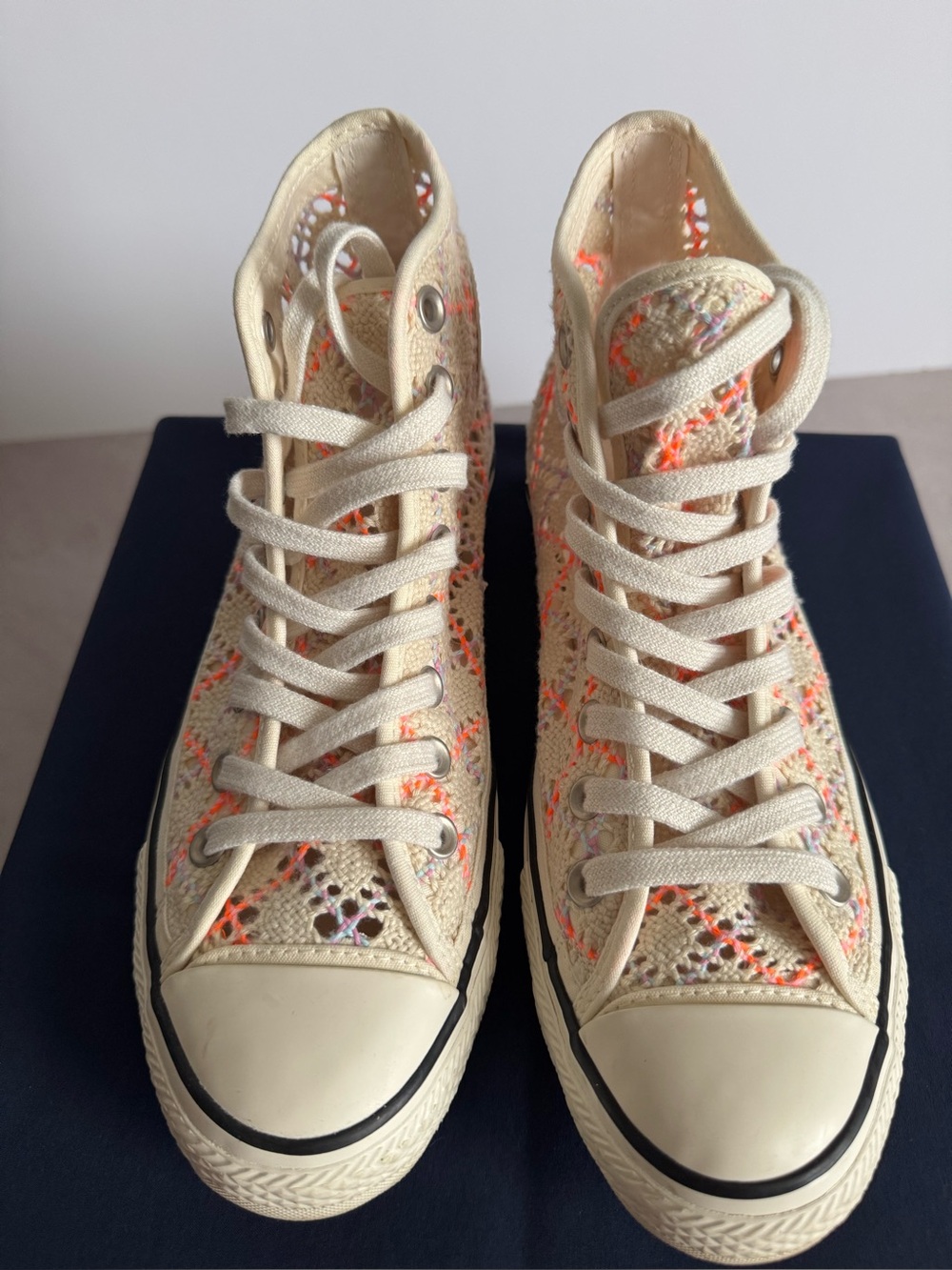 Converse Beige Crochet High-Top Sneakers with Neon Orange Highlights.Fix size 10